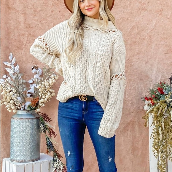 Beige Cable Knit Detail Turtleneck Sweater - Picture 1 of 5